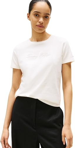 Tommy Hilfiger Damen T-Shirt Kurzarm Lurex Script mit Rundhalsausschnitt, Weiß (Ivory Silk), M