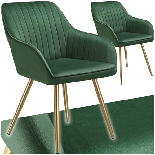 tectake® Esszimmerstuhl, gesteppter Samtstoff Stuhl, mit Armlehnen, als Essgruppe, Küchenstühle modern, gemütlicher Sessel Wohnzimmer, Dining Lounge, Schminktisch Stuhl- dunkelgrün/Gold, 2er Set