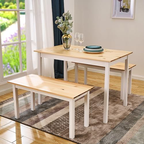 Panana Solid Wooden Pine Dining Table and Bench Set Dining Kitchen Home Furniture (Natural, With 2 Benches)