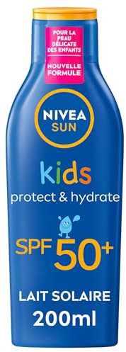 NIVEA SUN Lait Solaire Protect & Hydrate Kids SPF 50+ 200 ml — Crème Solaire résistante à l'eau — Haute Protection Visage et Corps pour la peau délicate des Enfants
