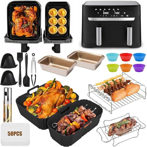 YAOYIN Accessoires Air Fryer pour Moulinex Dual Easy Fry 5,2/3,1L, 68 Pcs Moule Silicone Air Fryer pour moulinex - EY9018 EZ9018 Moule Air Fryer Accessoires, Grille Racks,Moule Cake,Papier Cuisson etc