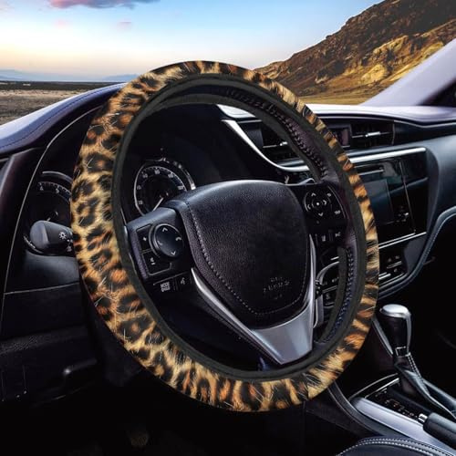 Wanyint Auto Plüsch Lenkradhülle Universal 38 cm / 15 Zoll Durchmesser Anti-Rutsch und Komfortabel für Alle Jahreszeiten, Gepard Leopardenfell-Druck