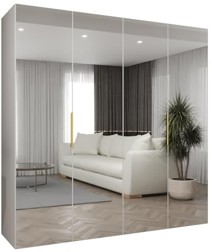 MEBLE KRYSPOL - Kleiderschrank mit Spiegel - Drehtürenschrank - Schrank 200x202x52cm - Garderobenschrank Schlafzimmer, Flur, Jugendzimmer - Farbe Weiß, Griff Gold - Marbella 3 200