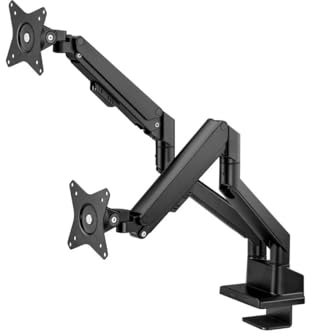 Monoprice Low Profile Dual Monitor Gas Spring Desk Mount - Up to 32in/19.8 lbs Screens, Detachable VESA 100x100/75x75 Plate, 180 Degree Wall Stop, Topside Installation