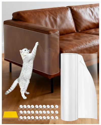 Cat Scratch Sofa Furniture Protector - 1 Roll Clear PET 30 x 500 cm | Strong Self-Adhesive Cut-to-Fit Film, with Scraper and 30 Optional Twist Pins, for Couch, Armchair, Door, Wall and Bed
