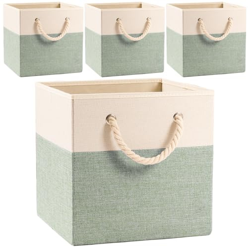 PRANDOM Kallax-Aufbewahrungsbox,33x33x33cm,Beige/Grün,4-stück,Faltbare | Mit Baumwollseilgriff, Aufbewahrungskörbe aus Stoff,Dekorieren Sie Würfel,RegalkorbSchublade Organizer für Regale