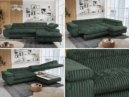 MKS MEBLE Ecksofa Wohnlandschaft L-Form mit Schlaffunktion und Bettkasten, Schlafsofa mit Bettkasten, Sofa mit Einstellbare Kopfstützen, Peter L - Cord - Rechts Grün (mit Topper Visco)