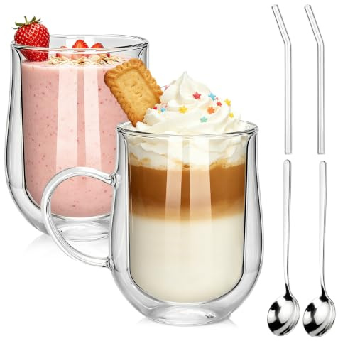 BELICOO 2x480ml Double Walled Coffee Cups Cappuccino Latte Macchiato Mugs | Borosilicate, Glass Coffee Cups with Handle, Heat Resistant Glass Cups for Coffee Tea Juice Milk Cocktail Ice Cream