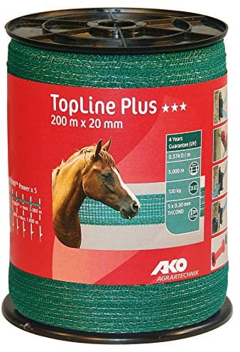 AKO Top Line Plus Weidezaunband/Elektrozaun Band, 20mm, grün - 200m - Widerstand: 0,37 Ohm, sehr leitfähig, auch für Lange Zäune - Pferdeweiden und Gartenschutz