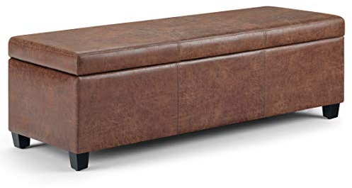 SIMPLIHOME Avalon 48 Wide Vegan Leather Storage Ottoman in Saddle Brown