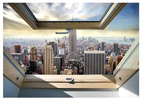 Forwall Fototapete Fenster New York 3D Effekt Aussicht Wandilussion Optik Wohnzimmer Schlafzimmer Vlies Tapete Wandtapete UV-Beständig Montagefertig (10415, V8 (368x254 cm) 4 Bahnen)