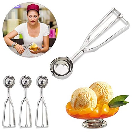 4 x Eisportionierer Edelstahl, mit Auslöser, für Eis, Obst, Keksteig, große Kugeln ∅ 53 mm, Profi Eiskugelformer, silber