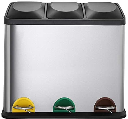 KITCHEN MOVE BAT-947604 AS Triple Recyclage en Acier Inoxydable 45L avec 3 Compartiments (3 x 15L) pour Déchets Ménagers, Jardin, Cuisine Poubelle tri sélectif, Métal, 61x34xH49cm