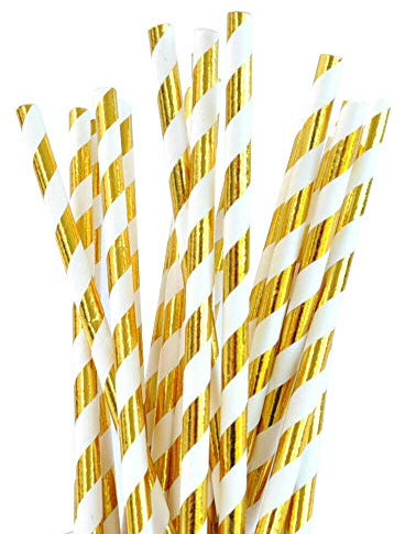 World Of Sparkles Gold & White Foil Paper Drinking Straws Disposable for Birthday Wedding Bridal Baby Shower Decorations Celebration Party Supplies (Strips, 25pcs)