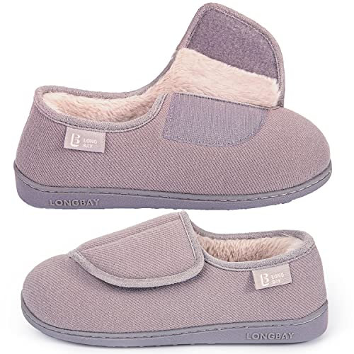 LongBay Women's Wide Fit Slippers Comfy and Cozy Memory Foam Indoor House Shoes for Diabetic Arthritis and Edema Grey,5