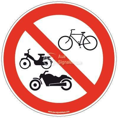 AUA SIGNALETIQUE - Panneau Accès Interdit à Tous Les véhicules Deux Roues - Ø 330 mm, Aluminium Dibond 3mm
