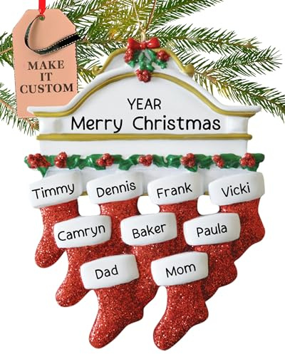Personalised Large Family of 9 Ornament 2026, Red Stockings on Mantel | 23h Customised, Laser Engraved Stocking Christmas Ornaments, Custom Multigenerational Family Keepsake Gift from Grandparents