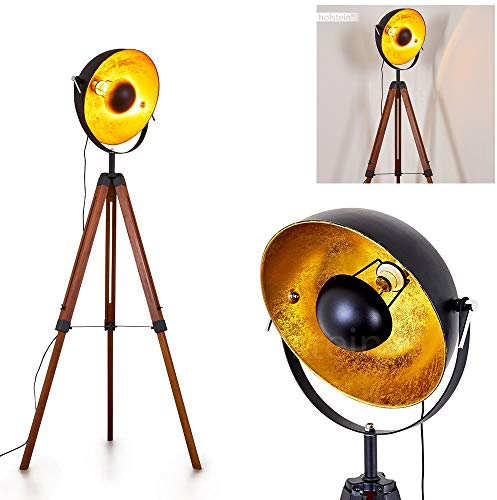 HOFSTEIN Stehlampe Jupiter, Stehleuchte aus Holz/Metall in Goldfarben/Braun/Schwarz, 1 x E27,Fußschalter am Kabel, verstellbare Stehleuchte mit anpassbaren Stellschrauben, ohne Leuchtmittel