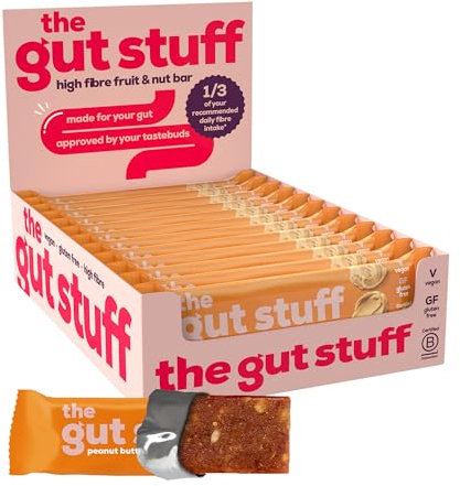 The Gut Stuff High Fibre Fruit & Nut Bars – Gut Friendly Snack, Gluten Free, Vegan, Low Calorie, All Natural - Peanut Butter, 12 x 35g Box