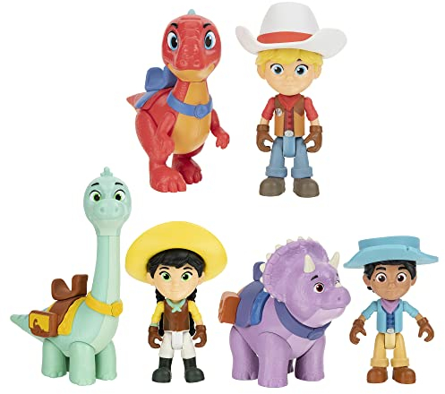 Dino Ranch 6-Figure Pack - Jon and Blitz, Min and Clover, Miguel and Tango - Three 3” Dino Ranchers and Three 4” Dinos, Plus Fence Pieces - Toys for Kids Featuring Your Favorite Pre-Westoric Ranchers