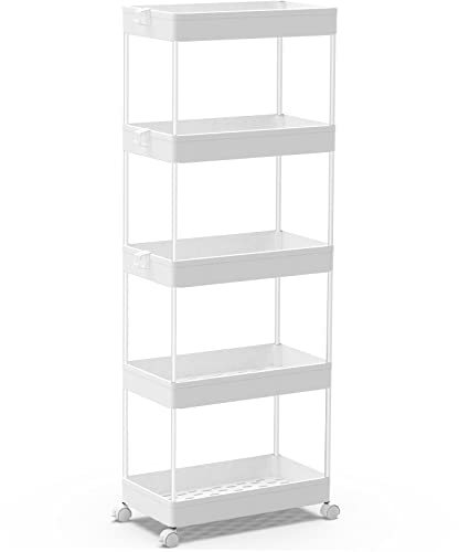 SPACEKEEPER Küchenwagen mit 5 Ebenen, Rollwagen Nischenregal auf Rollen, platzsparendes Badregal und Küchenregal für Küche Büro Bad, 113 x 40 x 22cm, Weiß
