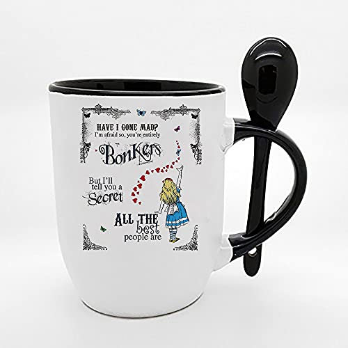 Alice in Wonderland Have I Gone Mad Birthday Gift Secret Santa Bonkers Hearts Coffee Tea Mug Unique Spoon Ceramic Mug. (Black Spoon)