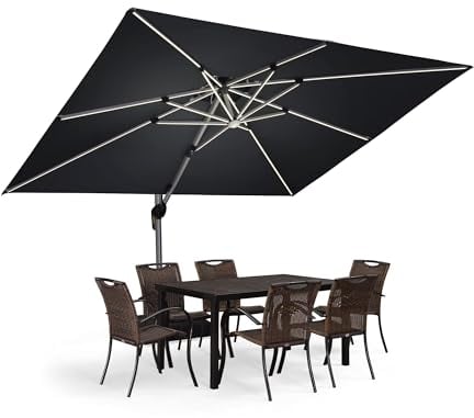 PURPLE LEAF Sonnenschirm Rechteckig 270 x 365 cm Ampelschirm mit LED Beleuchtung Marktschirm Groß 360°Rotation, Gartenschirm mit Kurbel, Balkonschirm XXL, Sonnenschutz UV50+,Grau