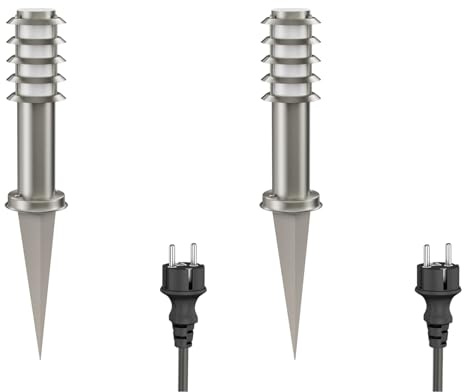 ledscom.de 2 Stück Pollerleuchte PORU mit Erdspieß und 2m Kabel für außen, IP44, Gitter, 39cm, edelstahl, inkl. E27 Lampe max. 963lm, warmweiß