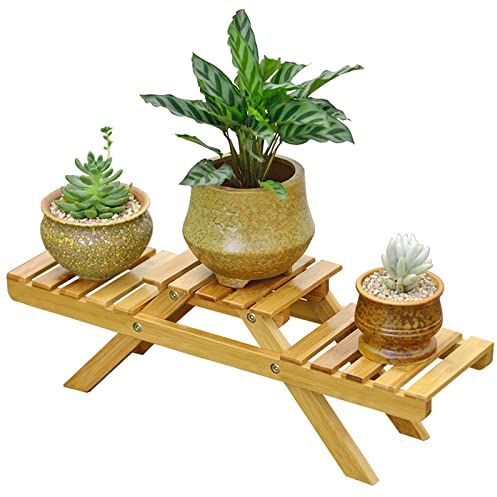 LIGUOYI Blumentreppe Aus Bambus 2 Ebenen, Desktop Sukkulente Pflanze Ständer, Indoor Büro Pflanzenregale, Kreativer Kleiner Blumenständer, Glattes Nicht Faltbar Für Zimmerecke, Wohnzimmer, Balkon