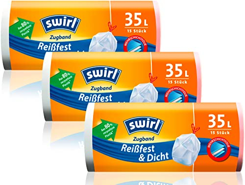 Swirl Reißfest & Dicht Zugband Müllbeutel 35 l (3 x 11 Beutel), Mülltüten mit praktischem Zugband, tropfsichere Müllsäcke, Mülltüten mit hoher Reißfestigkeit
