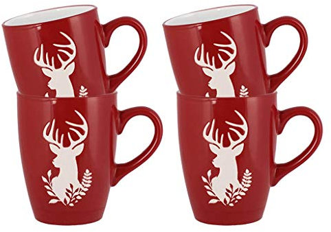Tea/Coffee Mug Set of 4-300ml Hand Painted Red & White Reindeer Stoneware Crockery Dishwasher & Microwave Safe Christmas Reindeer Dinnerware Set