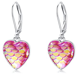 Herz Sterling Silber Meerjungfrau Ohrringe Hängend mit Leverback und Brisur - Rosenrot Herz für Mädchen, Damen und Kinder