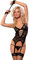 NLAND Conjunto de Lencería Camisola de Encaje Babydoll Body Pijama con Liguero Medias de Rejilla Tanga y Muñequeras(Negro,Talla única)