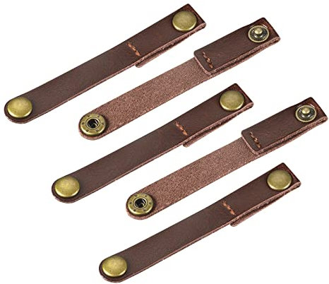 Sourcing Map Pack of 5 Leather Cable Straps Cord Organizer 90x12mm Portable Cable Leather Clips Brown Earphone Cord Management