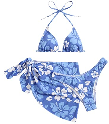 GORGLITTER Bikini Mit Rock Damen Set 3 Teilig Triangel Bikini Sexy Badeanzug Neckholder Bikini Mit Blumen Bademode Swimsuit Blau M