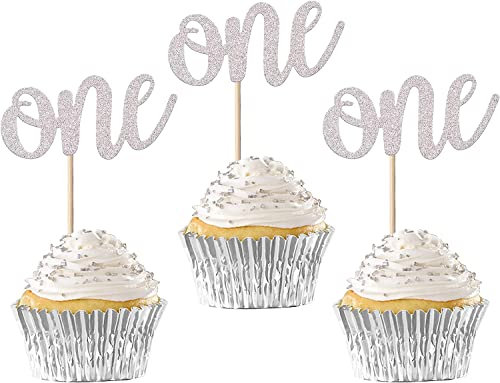 24 Stück Erster Geburtstag Tortendeko Glitzer One Cupcake Toppers 1st Geburtstag Torten Deko Cake Toppers für Baby Dusche Kuchen Dekorationen Party-Zubehör Silber