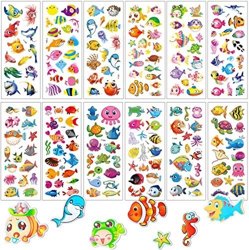 Meerestiere 3D Sticker Kinder Kleinkinder,Unterwasserwelt Aufkleber Kinder,12 Blätter Puffy Sticker Set,Sticker Mädchen Jungen für Belohnungsaufkleber Kinder,Mitgebsel Kindergeburtstag Gastgeschenke