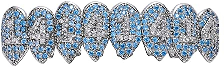 Hip Hop Blau Zirkon Zähne Grillz Top Bottom Tooth Cap Dekor Dental Grills Für Unisex Rapper Schmuck,Silber,Upper Teeth