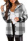 Zeagoo Bluse Damen Dicker Wollmischung Karierte Jacke Frauen Button Down Langarm Shirt Hemd Loose Casual Hemdjacke Grau Weiß L