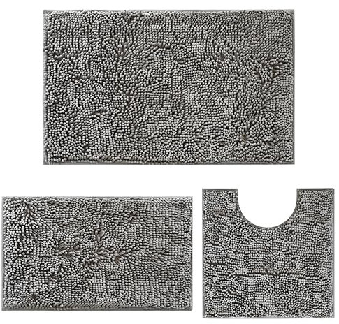 DTXDTech Non Slip Bathroom Mat Sets 3 Piece, Chenille 20 * 32inch, 16 * 24inch Bath Rug and 20 * 20inch U Shape Toilet Rug, Soft and Absorbent Bath Mat Set for Bathroom, Bedroom(Light Grey)