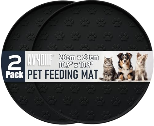 AVYDIIF 2 Pack Pet Feeding Mats, Waterproof Anti-slip Placemats for Dog Cat Bowl Silicone Pet Food Mat, Raised Edge Prevent Spills on Floor & Carpet, Dishwasher Safe (2 Black, 28 X 28 cm)