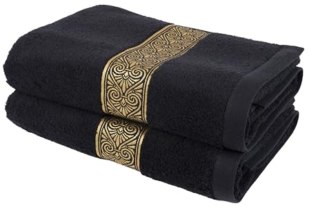 Aymando Badetücher Luxus Duschtuch 100% ägyptischer Baumwolle Badetuch Set Ornamentstickerei in Gold | Aufhänger | 70x140cm (Schwarz)