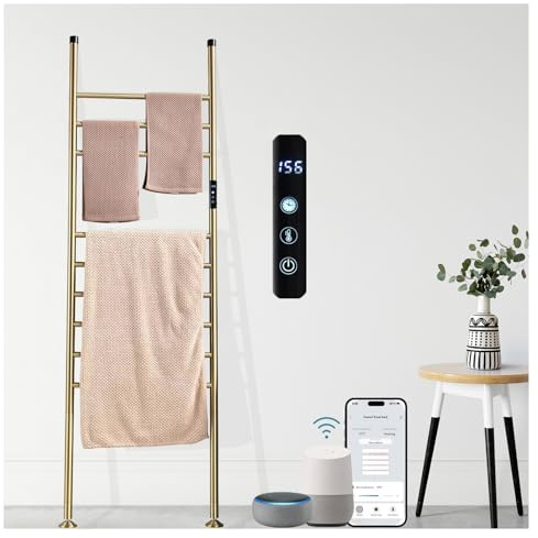 Radiador Toallero Eléctrico Oro Cepillado Calientatoallas Escalera De Toallas Independiente 110W Calentador De Toallas WiFi Inteligente con Temporizador 45—70°C, 160X45CM Secador De Toallas (Negro)