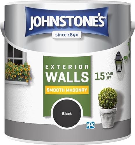 Johnstone’s – Exterior Smooth Masonry Paint – Black – Up to 15 Years Protection – Weather & Dirt Resistant – 30m² Coverage Per Tin - Dry in 1-2 Hours – 2.5 L