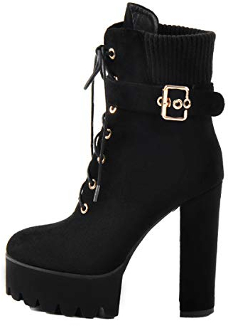 MissHeel Stivaletti con tacco alto in finta pelle scamosciata con tacco a blocco, colore nero, Nero , 44 EU