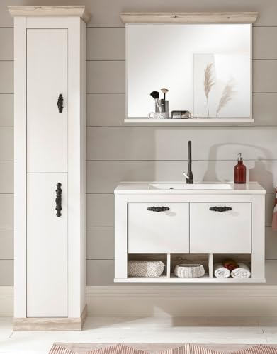 Furn.Design Badmöbel Set in weiß Pinie/Oslo Pinie Landhaus-Stil Badezimmer 4-teilig mit Waschbeckenunterschrank hängend MIT Waschbecken, Spiegel und Hochschrank 143 x 200 cm Rovola (Set 3)