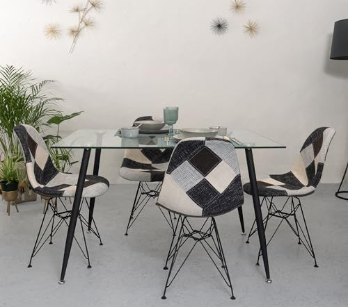 Homely - Conjunto de Comedor Cairo Bauhaus | Diseño Moderno | Mesa de Cristal de 120x80 cm + 4 sillas Tela Patchwork | Patas metálicas Color Negro | Conjunto Comedor, Salón, Cocina, Sala