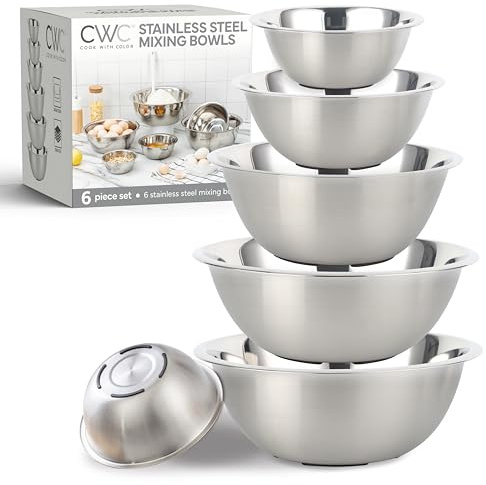 COOK WITH COLOR Stainless Steel Mixing Bowls Set - Nesting Bowls, 6 Pieces, Silver with Non Slip Bottom