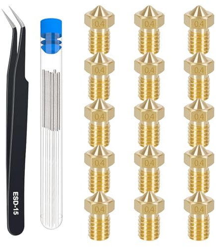 HIKUDIY 15PCS 0.4mm E3D Brass Nozzles Kit for V5 V6 3D Printer- Extruder Hotend Nozzles for for Anycubic Mega Series,Kobra Neo,Kobra Go,Chiron,for Prusa i3 MK3, Mini+ 3D Printer