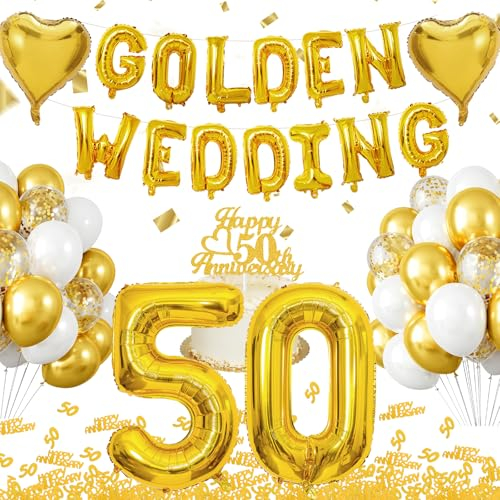 WINFLUENCE Set di Decorazioni per Matrimonio d'oro, Palloncini per 50 anni di Nozze d'oro, Decorazione da Tavolo per Matrimonio d'oro, 50 Coriandoli d'oro per Anniversario di Matrimonio